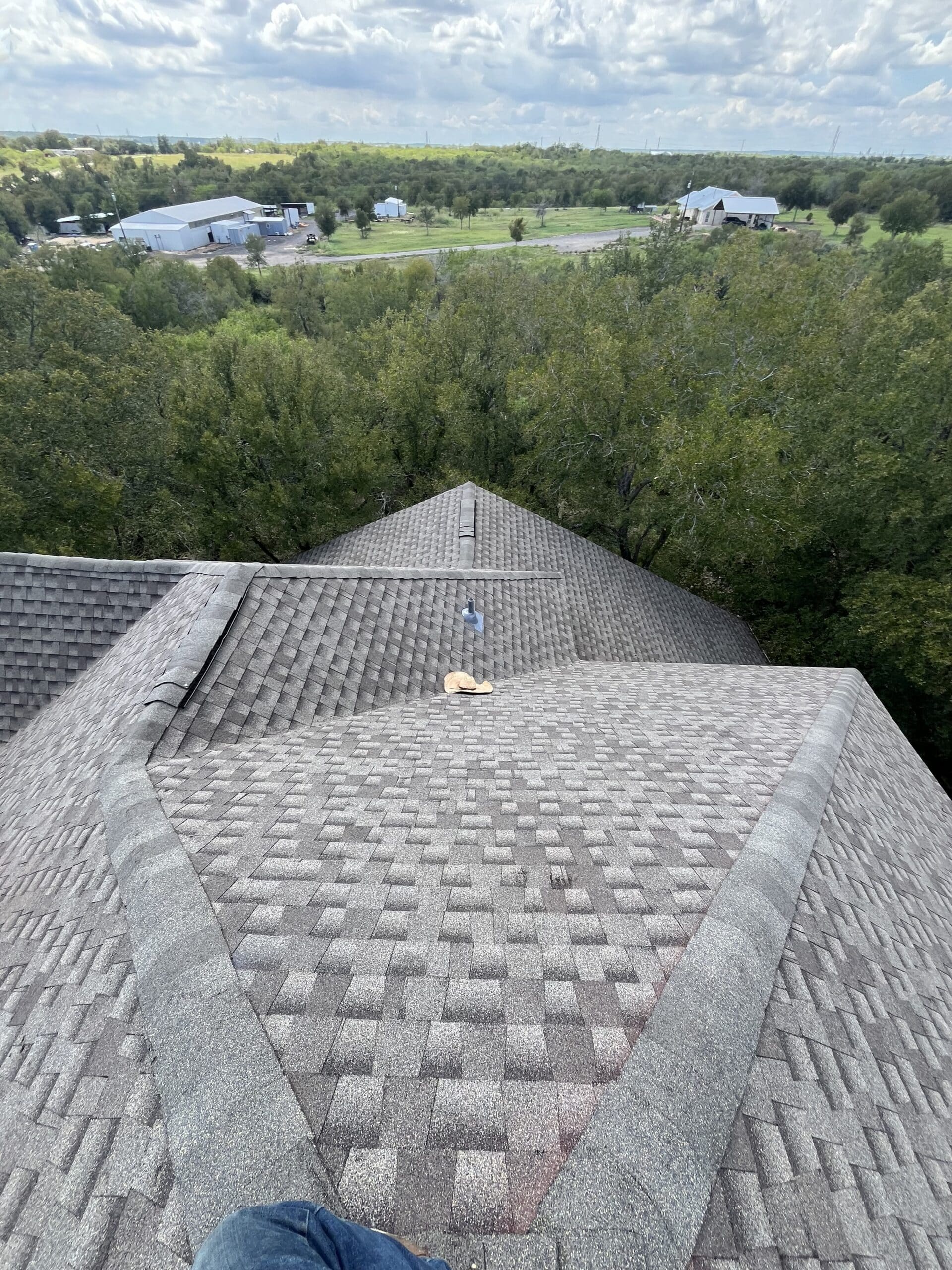 Close-up view down a finished roof ridge line