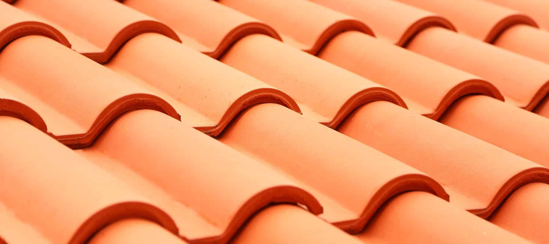 Close-up of curved clay roof tiles in a classic pattern