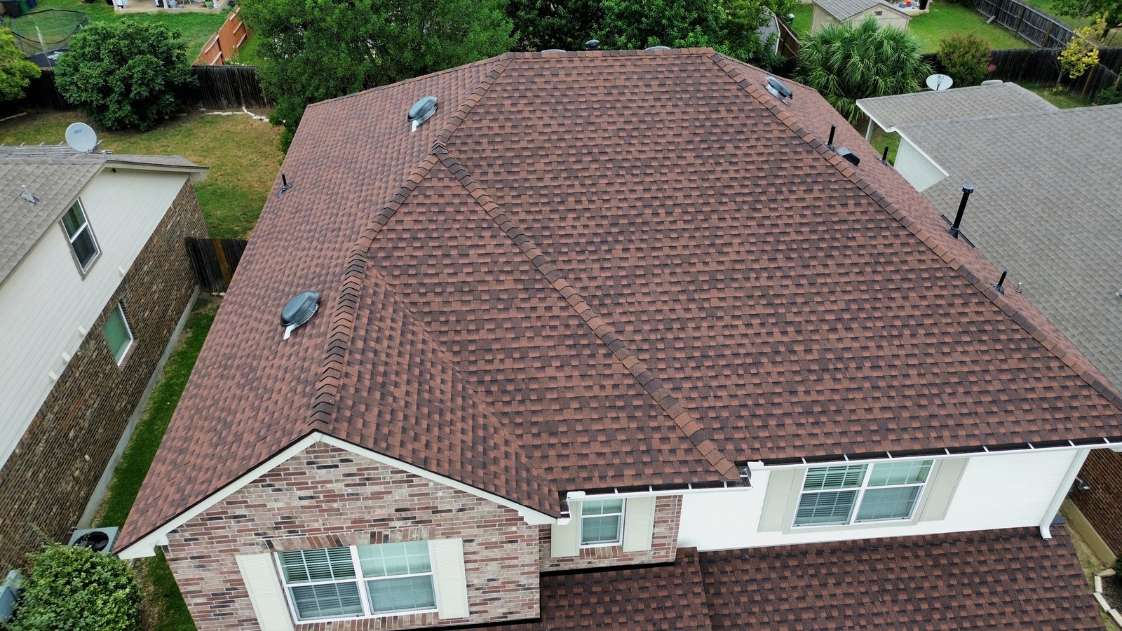 Completed shingle roof, aerial view
